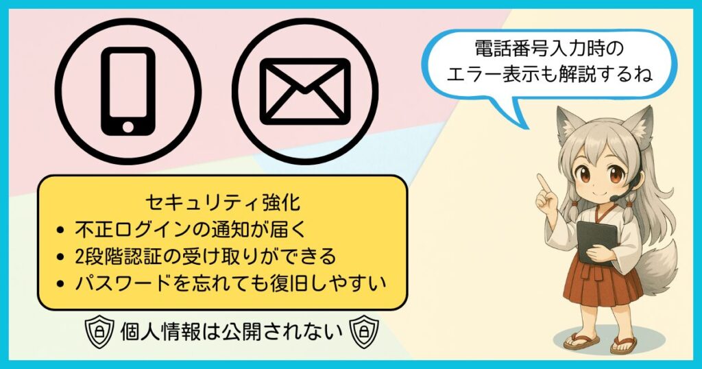 Googleアカウント作成時に電話番号や再設定メールが持つセキュリティ強化の役割を説明する図解。分霊キャラがエラー解説も案内