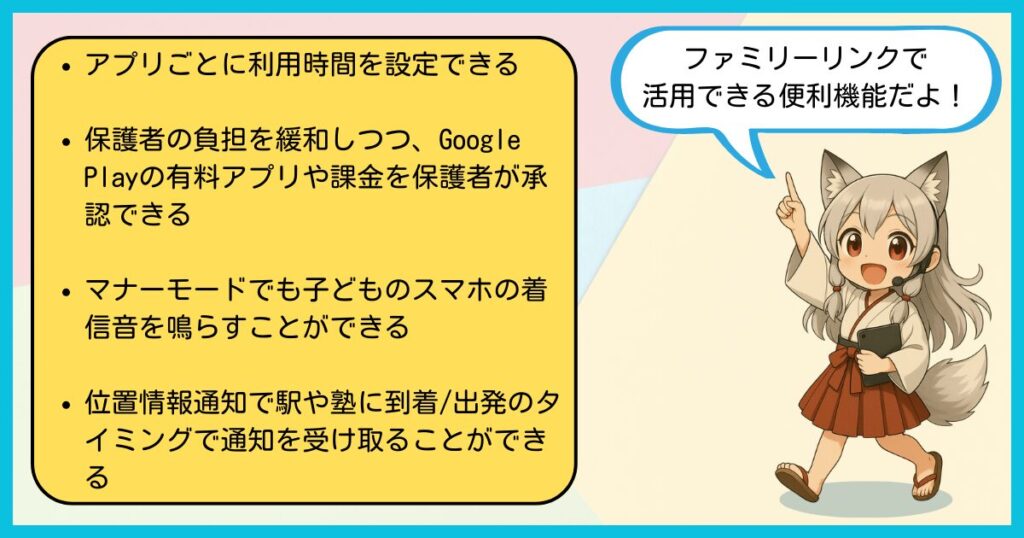 Googleファミリーリンクで活用できる便利機能一覧。アプリごとの利用時間設定、Google Play課金の承認、端末を探す機能、子どもの到着通知をマスコットキャラクターが紹介。