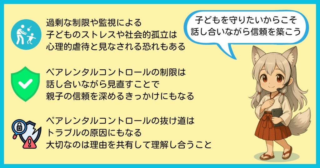 ペアレンタルコントロールの使いすぎによる心理的虐待のリスクと、親子で信頼を築く大切さを伝える図解。保護者が子どもを守るために、話し合いながら制限を見直す重要性を表しています。